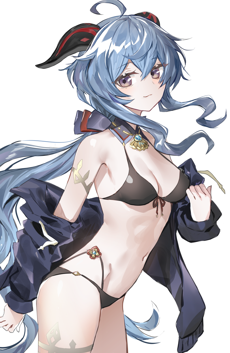 1girl ahoge bare_shoulders bikini black_bikini black_jacket blue_hair breasts cleavage commentary_request cowboy_shot ganyu_(genshin_impact) genshin_impact grey_eyes highres horns jacket long_hair looking_at_viewer navel ryoma_(rym_369) sidelocks simple_background small_breasts smile solo standing stomach swimsuit thighs very_long_hair white_background