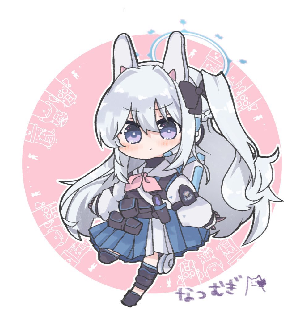 1girl animal_ears artist_name black_gloves black_shoes blue_archive blue_halo blue_skirt blush braid closed_mouth earpiece fake_animal_ears full_body gloves grey_hair hair_between_eyes halo knee_pads long_hair long_sleeves miyako_(blue_archive) natsu_ya_mugi neckerchief one_side_up pink_neckerchief pleated_skirt purple_eyes rabbit_ears sailor_collar shoes signature skirt solo two-tone_skirt white_sailor_collar