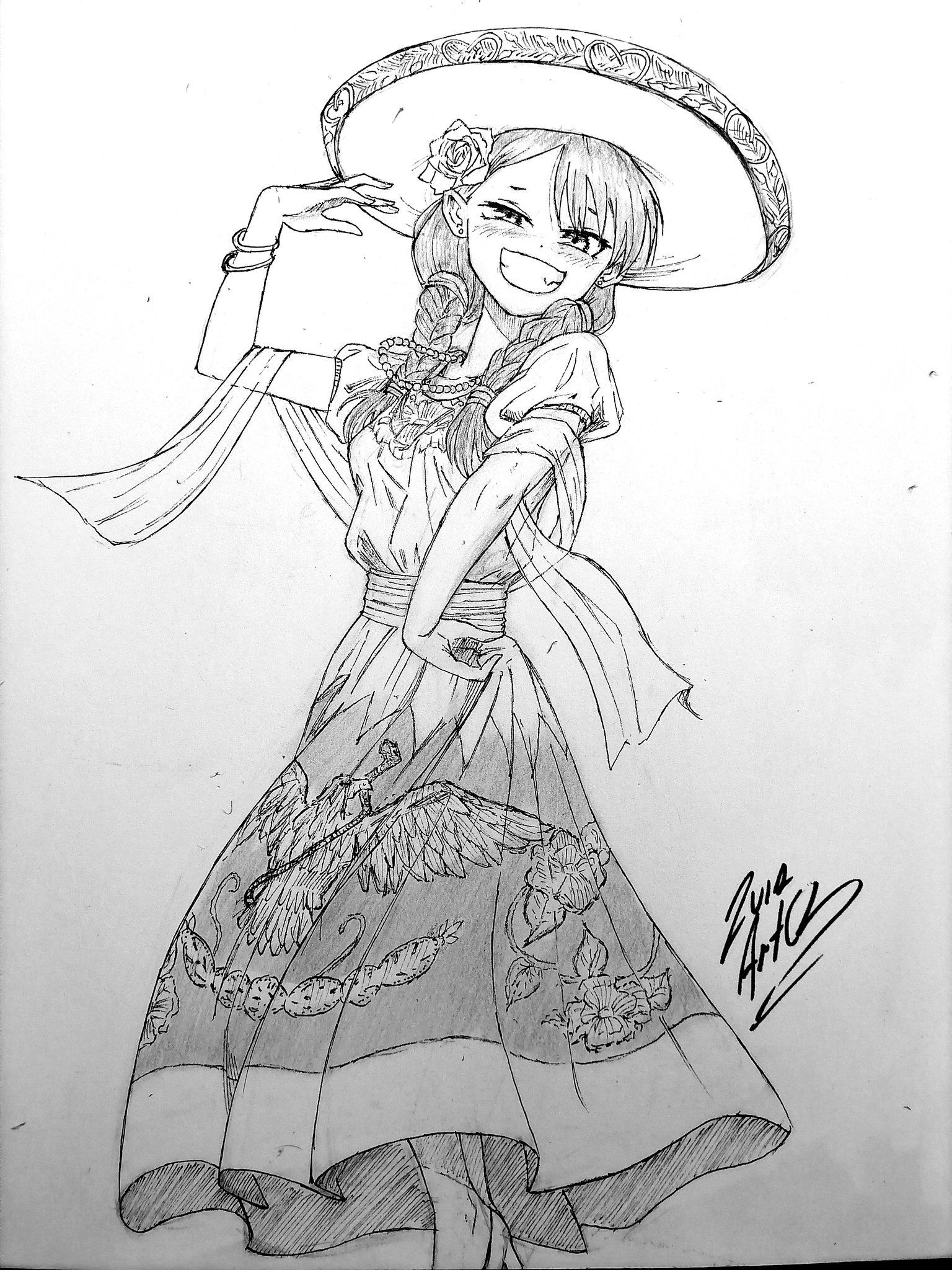 collar dancing flower highres ijiranaide_nagatoro-san mexican_dress mexico nagatoro_hayase rose skirt_hold smile