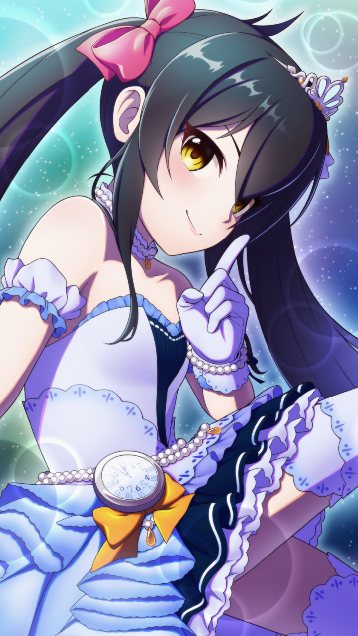 1girl arm_guards bare_shoulders black_hair blush bracelet breasts choker clock closed_mouth dress frilled_dress frills gloves green_background hair_between_eyes hair_ribbon highres idolmaster idolmaster_cinderella_girls idolmaster_cinderella_girls_starlight_stage idolmaster_cinderella_girls_u149 index_finger_raised jewelry long_hair looking_at_viewer matoba_risa necklace orange_ribbon pearl_bracelet pearl_necklace purple_background red_ribbon ribbon small_breasts smile solo star_(symbol) star_symbol_background starry_sky_bright_(idolmaster) taba_neruko thighhighs tiara twintails two-tone_background white_choker white_dress white_gloves white_thighhighs yellow_eyes