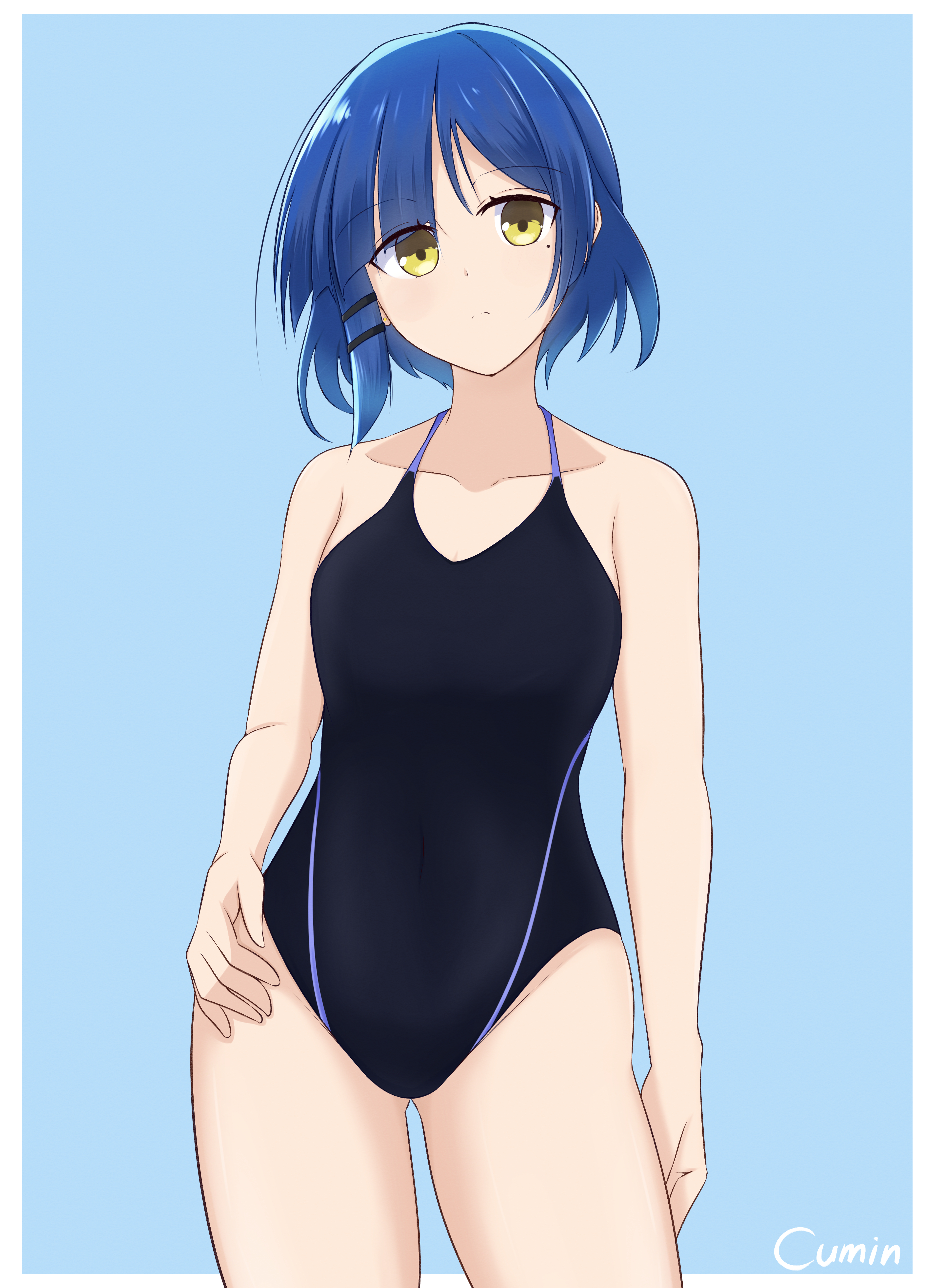 1girl absurdres aqua_background black_one-piece_swimsuit blue_hair bocchi_the_rock! border closed_mouth collarbone commentary_request hair_ornament hand_on_own_hip highres mole mole_under_eye one-piece_swimsuit short_hair solo standing swimsuit takumitu_711 white_border yamada_ryo yellow_eyes