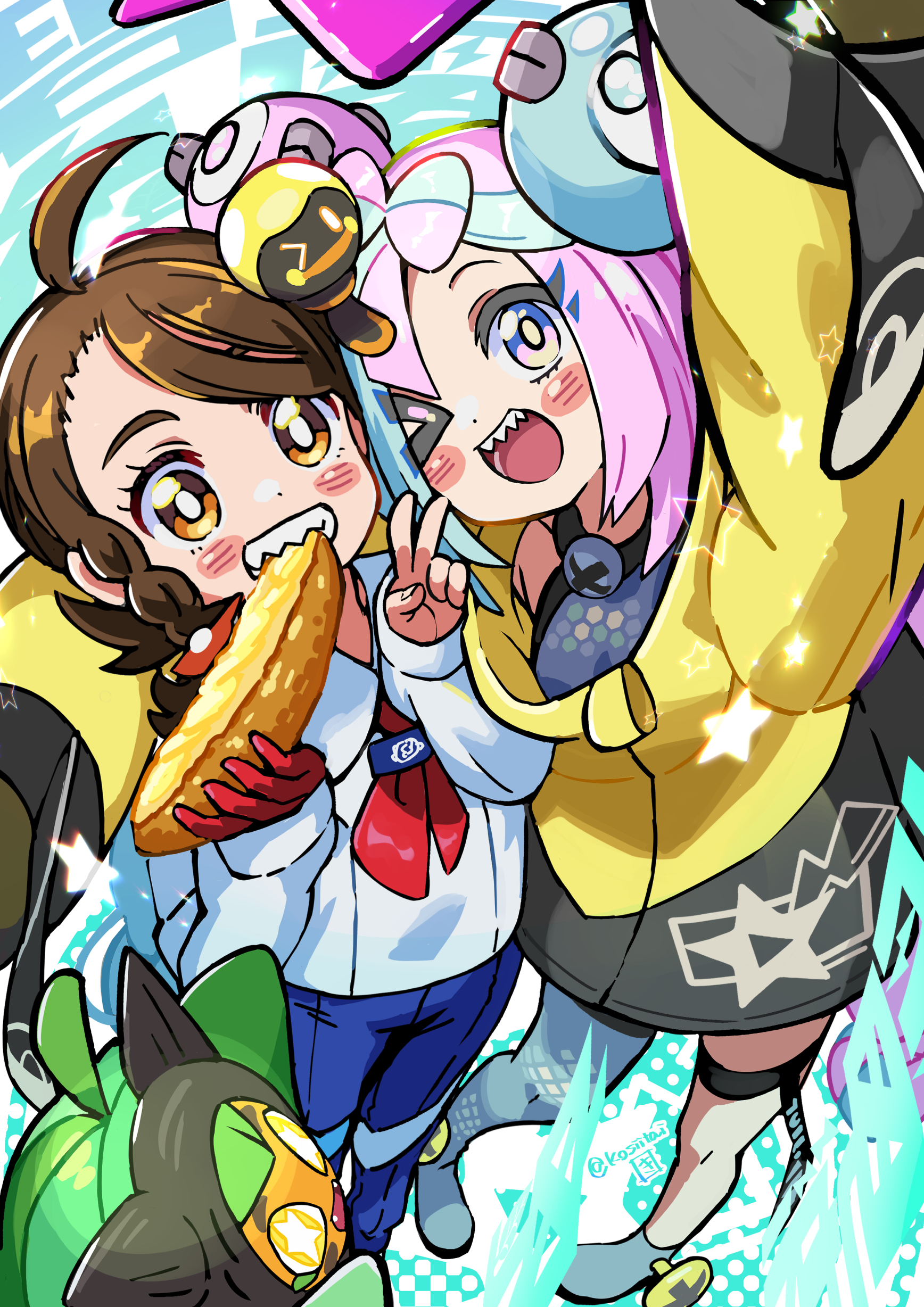 2girls ;d absurdres ahoge blue_pants blush_stickers bow-shaped_hair braid bright_pupils brown_eyes brown_hair character_hair_ornament collared_shirt commentary_request eyelashes food green_hair grey_shirt hair_ornament highres iono_(pokemon) jacket juliana_(pokemon) kingin knees long_hair multicolored_hair multiple_girls nintendo ogerpon one_eye_closed open_mouth pants pink_hair pokemon pokemon_(creature) pokemon_sv shirt sleeveless sleeveless_shirt smile tadbulb thigh_strap two-tone_hair v white_pupils yellow_jacket