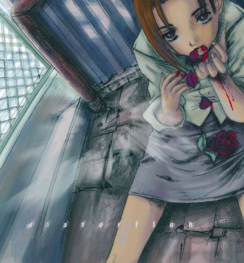 1girl abe_yoshitoshi blood blood_on_clothes blood_on_hands coughing_flowers flower iwakura_mika red_flower red_rose rose