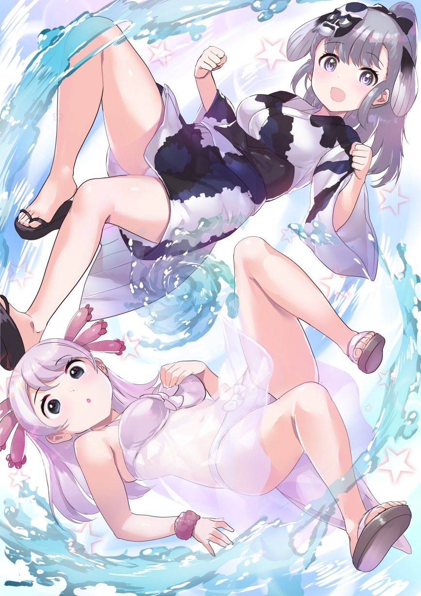 2girls :d black_eyes bow bow_panties breasts clenched_hands commentary flip-flops grey_eyes grey_hair highres japanese_clothes jinmen-gyo_(kemono_friends) kemono_friends kimono long_hair looking_at_viewer mask mask_on_head medium_breasts mexico_salamander_(kemono_friends) multiple_girls open_mouth panties pantyshot ponytail print_kimono salamander_tail sandals see-through_clothes smile star_(symbol) tadano_magu tail underwear water white_hair white_panties wide_sleeves