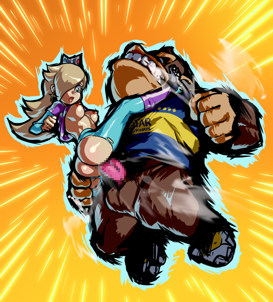 1boy 1girl :o ape ass bestiality blue_eyes blue_footwear blue_outline blue_shirt blue_sleeves blue_socks blush bottomless breasts brown_fur carrying censored clenched_hand clenched_teeth clothed_sex clothes_lift clothes_writing crown donkey_kong donkey_kong_(series) earrings emphasis_lines erection eyelashes from_side full_body fur gorilla hair_over_one_eye head_back hetero jcm2 jersey jewelry kneehighs layered_sleeves leg_up lips long_hair long_sleeves looking_down mario_(series) mario_strikers:_battle_league mario_strikers_(series) medium_breasts midair mosaic_censoring nintendo nipples open_mouth orange_background outline pantyhose penis perky_breasts platinum_blonde_hair purple_shirt purple_socks rosalina sex shiny_clothes shiny_skin shirt shirt_lift short_over_long_sleeves short_sleeves size_difference skin_tight soccer_uniform socks sportswear star_(symbol) steam steam_from_mouth steaming_body striped_clothes striped_shirt striped_socks suspended_congress teeth testicles thigh_grab thighs torn_clothes torn_legwear vaginal yellow_shirt