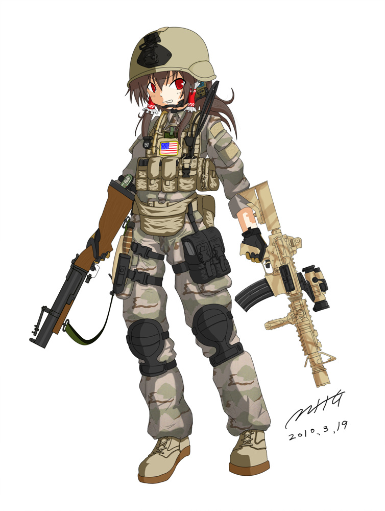 1girl assault_rifle asymmetrical_dual_wielding boots break-action_grenade_launcher brown_hair dual_wielding female_focus gloves grenade_launcher gun gun_sling hair_tubes hakurei_reimu helmet holding joggo knee_pads knife load_bearing_vest m4_carbine m79 military_combat_uniform military_operator military_uniform mk18 red_eyes rifle solo touhou weapon