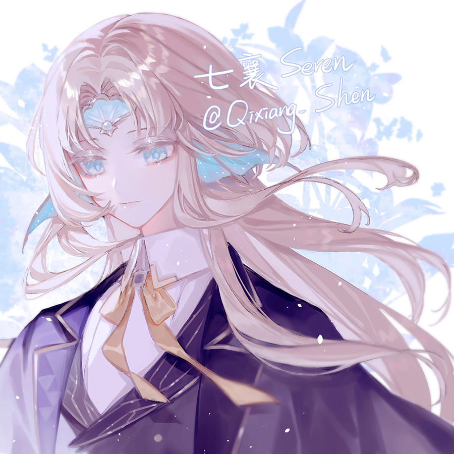 1girl blonde_hair blue_coat blue_eyes blue_suit bow bowtie coat collared_shirt fins floating_hair forehead_jewel formal_clothes gem head_fins honkai:_star_rail honkai_(series) long_hair looking_down parted_bangs pearl_(gemstone) pearl_(honkai:_star_rail) portrait qixiang_seren shirt signature simple_background solo suit twitter_username white_shirt yellow_bow yellow_bowtie