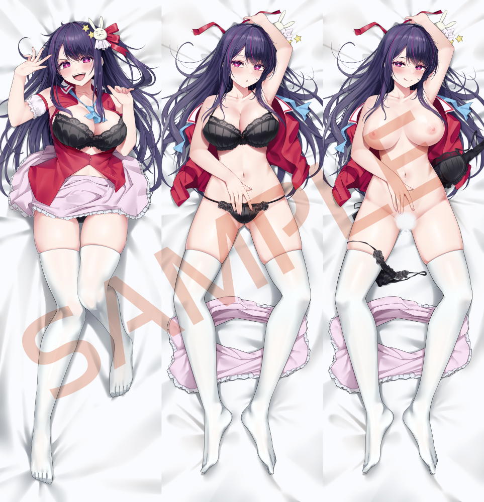 1girl :d :o armpits ass black_bra black_panties blank_censor blush bra breasts censored closed_mouth clothes_down clothing_aside collarbone dakimakura_(medium) feet from_above groin hair_ornament hoshino_ai idol large_breasts licking_lips long_hair looking_at_viewer lying navel nipples on_back one_side_up open_mouth oshi_no_ko panties panties_around_leg pink_eyes pink_skirt presenting purple_hair rabbit_hair_ornament rank_alee sample_watermark skirt smile solo star_(symbol) star_in_eye symbol_in_eye teeth thighhighs tongue tongue_out underwear undressing unworn_bra unworn_shirt unworn_skirt upper_teeth_only watermark white_thighhighs