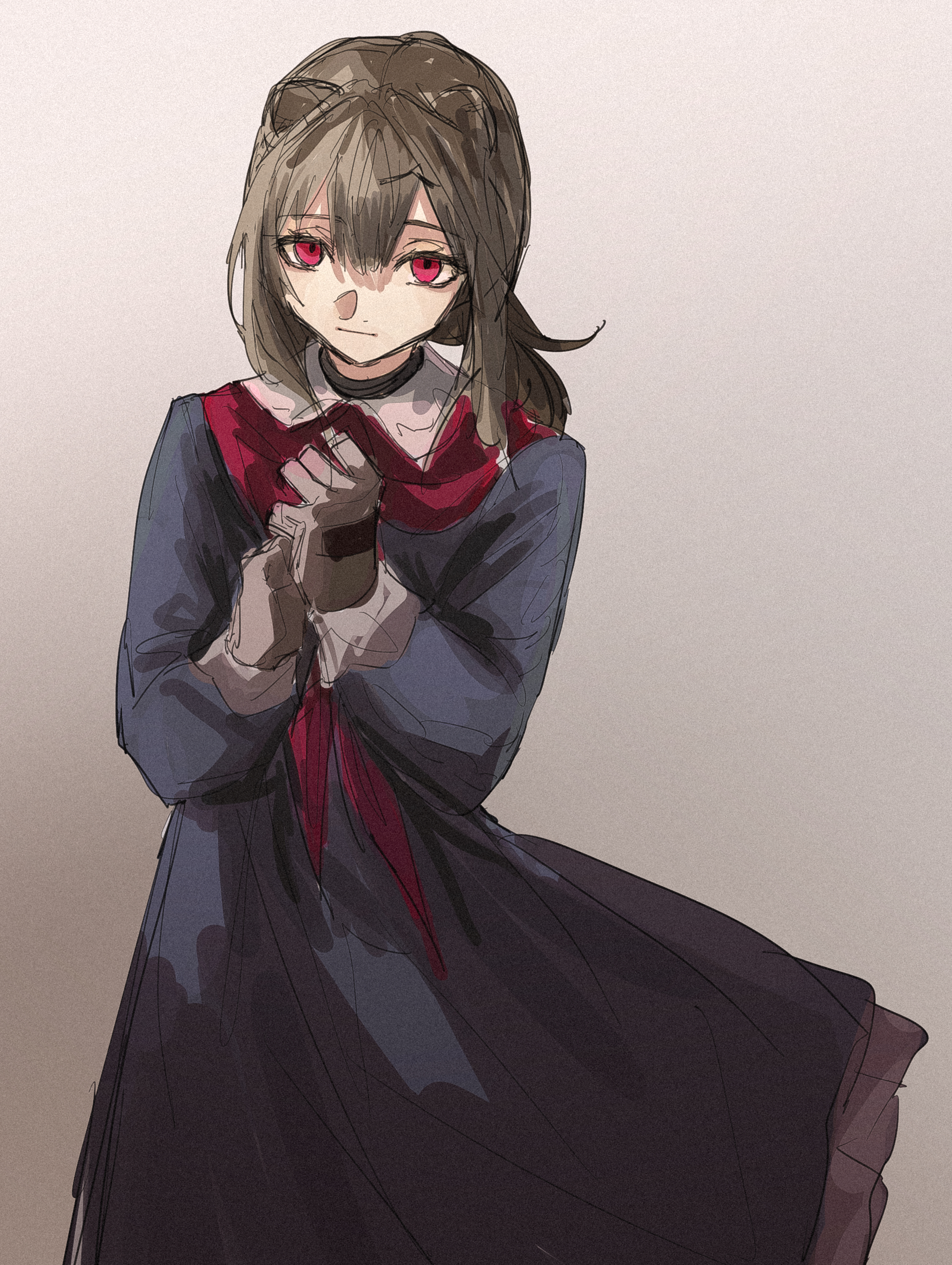 1girl absinthe_(arknights) absurdres animal_ears arknights black_dress brown_background brown_hair closed_mouth dress gloves gradient_background grey_background grey_gloves hair_between_eyes harukan_tiusu highres long_sleeves looking_at_viewer own_hands_together puffy_long_sleeves puffy_sleeves red_eyes solo