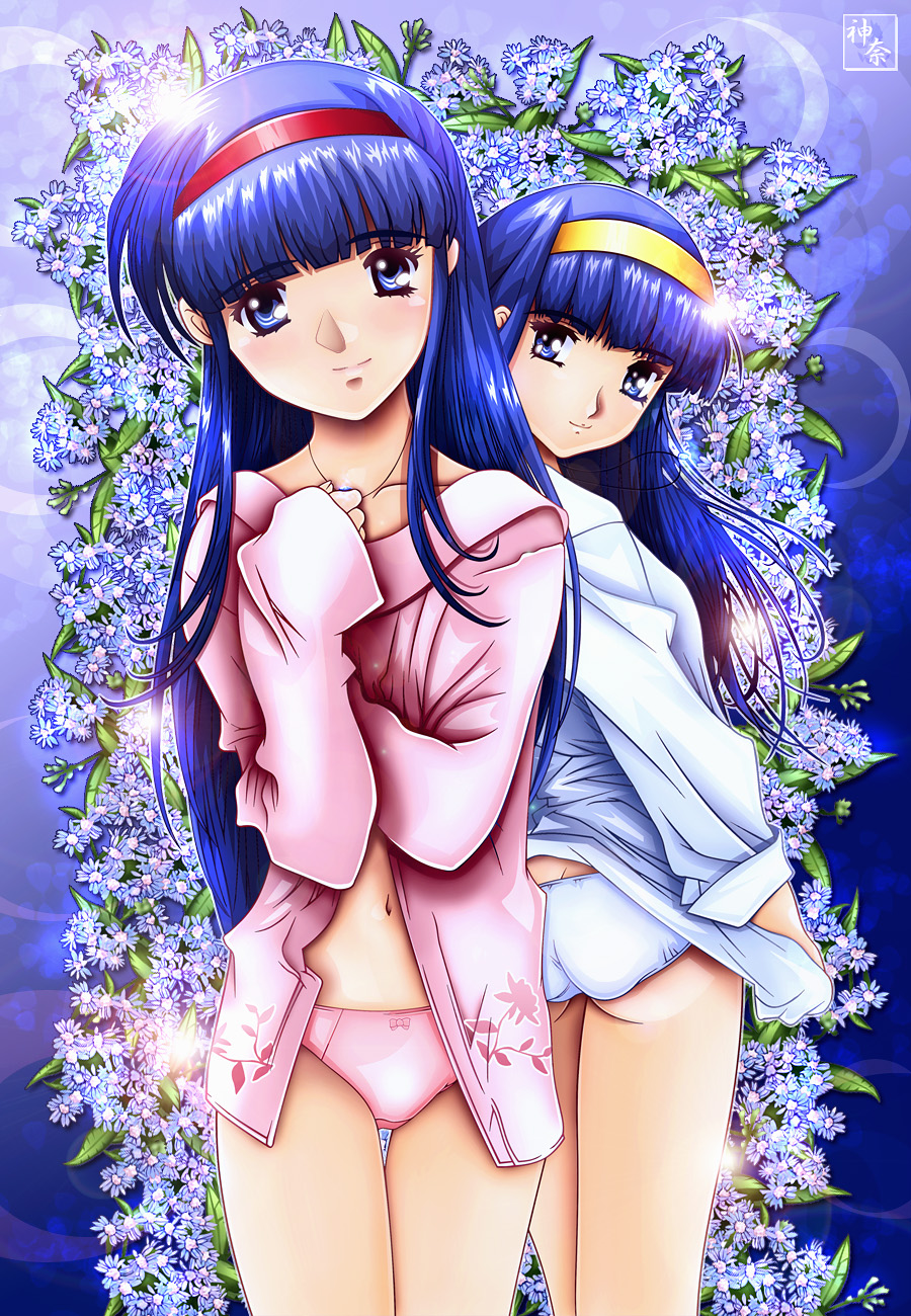 2girls ass back-to-back blue_eyes blue_hair dual_persona flower hairband hatano_kanna hatanokanna highres jewelry kanna-chan_to_issho kono_yo_no_hate_de_koi_wo_utau_shoujo_yu-no long_hair multiple_girls navel nearly_naked_shirt necklace no_pants panties shirt underwear
