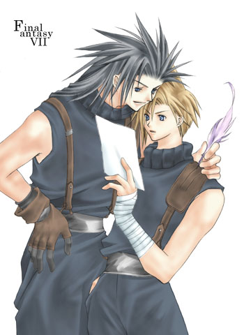2boys bandaged_hand bandages belt black_hair black_pants black_shirt blonde_hair blue_eyes brown_gloves cloud_strife copyright_name final_fantasy final_fantasy_vii gloves hand_in_pocket hand_on_another&#039;s_shoulder hand_on_own_hip hand_up holding holding_paper holding_quill leaning_forward long_hair looking_down lowres male_focus multiple_boys no_gloves pants paper parted_lips quill rendezvous shirt short_hair simple_background sleeveless sleeveless_shirt sleeveless_turtleneck smile spiked_hair third-party_source turtleneck turtleneck_shirt upper_body white_background zack_fair