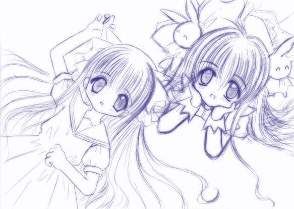 2girls animal_ears rabbit_hair_ornament cat_ears hair_ornament long_hair misha misha_(pita_ten) monochrome multiple_girls pita_ten purple_theme uematsu_koboshi