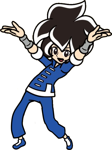 1boy black_hair looking_at_viewer loose_pants martial_arts_jacket metal_wrist_cuffs nintendo open_mouth shoes short_sleeves warioware white_hair_tips young_cricket_(warioware)