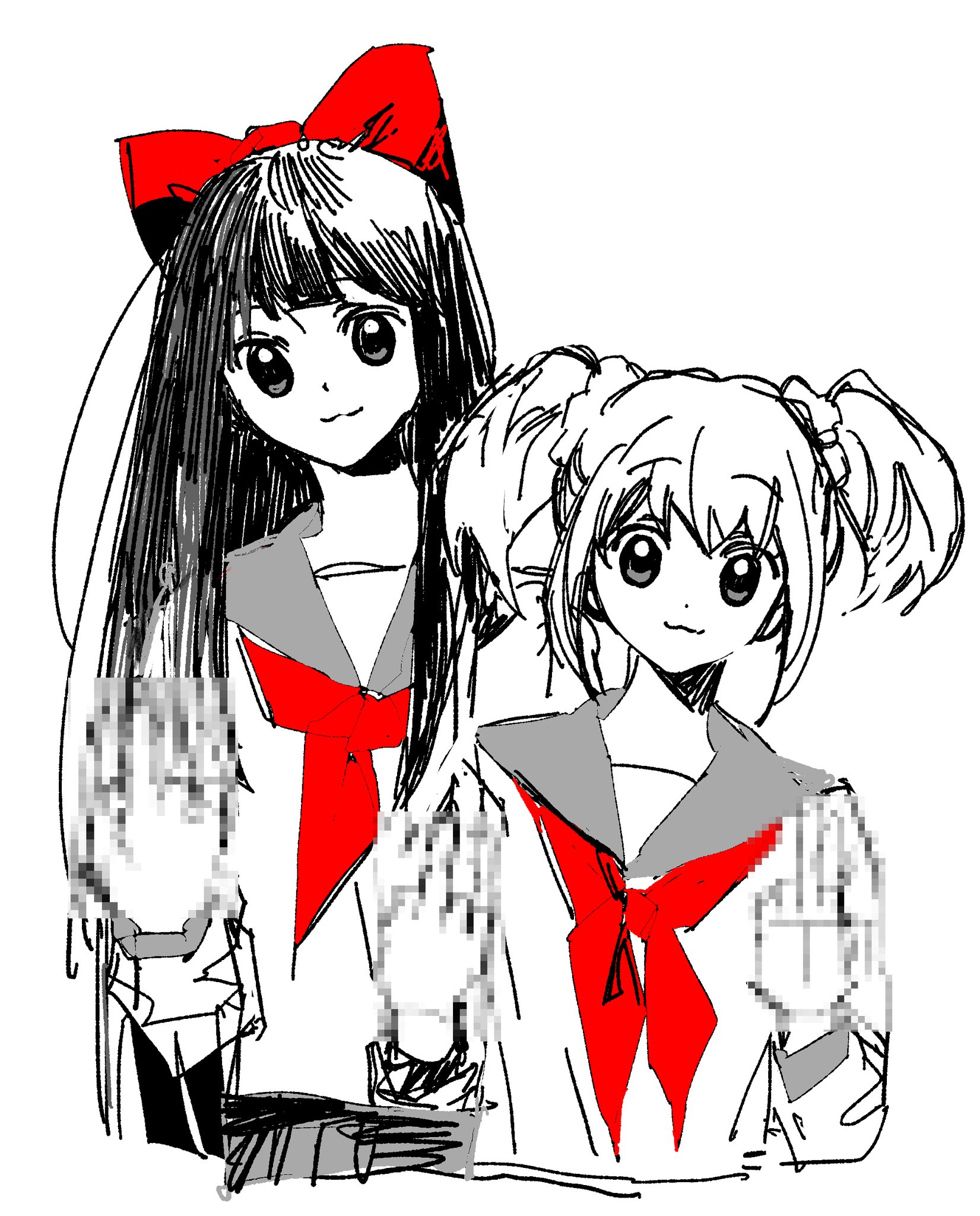 2girls :3 censored censored_gesture goguma_wagamja hair_ornament hair_scrunchie highres limited_palette long_hair multiple_girls pipimi poptepipic popuko school_uniform scrunchie serafuku shirt short_hair sidelocks simple_background sketch smile twintails two_side_up upper_body white_background