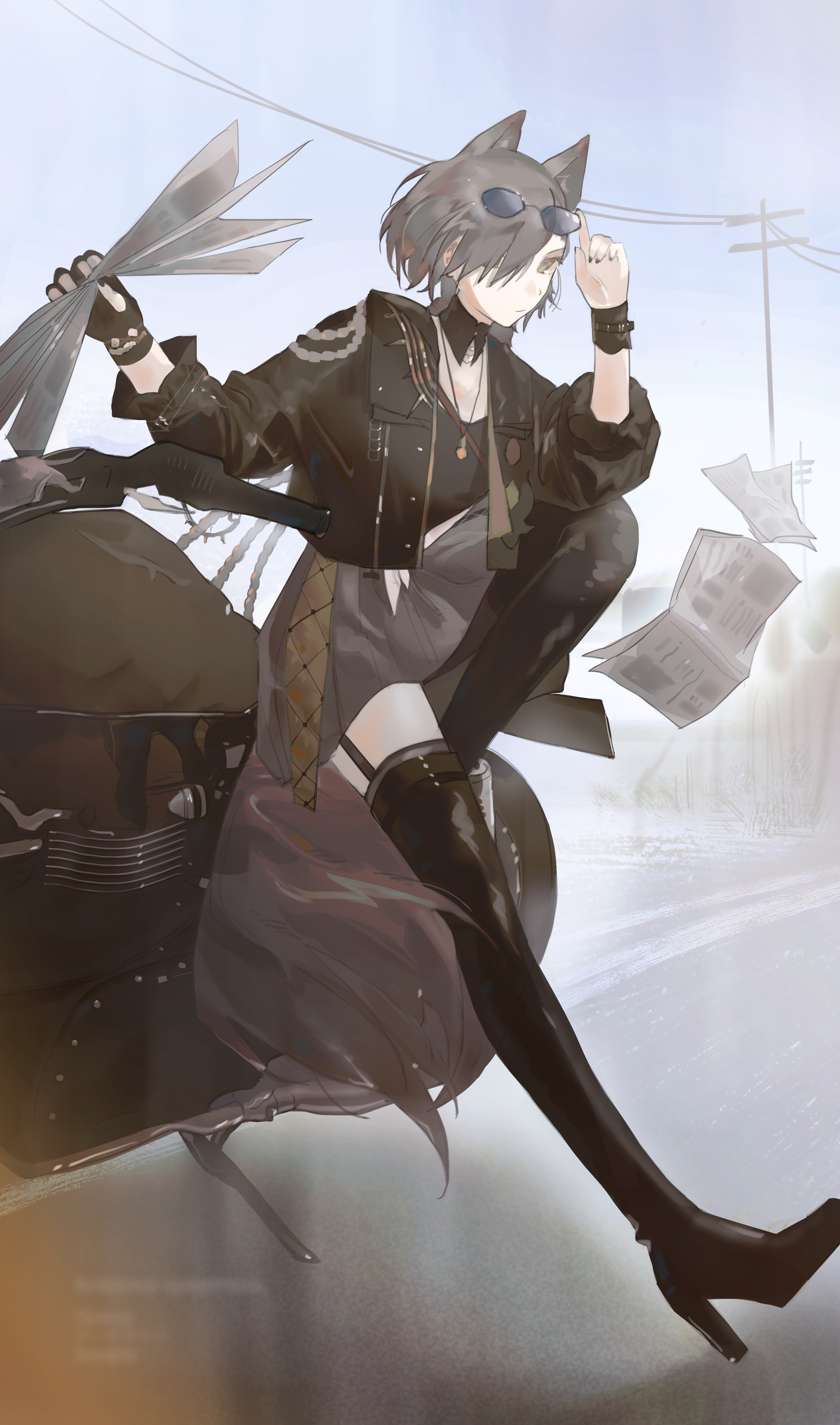 1girl absurdres ambience_synesthesia animal_ears arknights black_jacket black_nails black_shirt boots brown_eyes brown_hair extra_ears eyewear_on_head fingerless_gloves gloves grey_skirt hair_over_one_eye hands_up highres holding jacket jewelry long_sleeves looking_at_viewer nail_polish necklace newspaper official_alternate_costume penance_(ambience_synesthesia)_(arknights) penance_(arknights) shirt short_hair single_glove skirt solo sunglasses tail thigh_boots wolf_ears wolf_girl wolf_tail yuishironeko