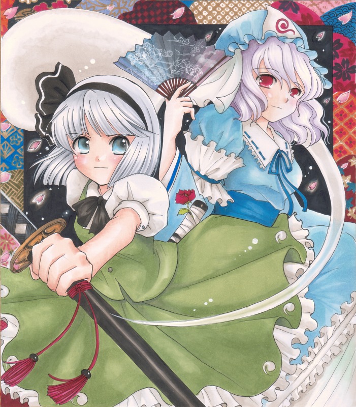2girls bad_id bad_pixiv_id blue_eyes female_focus folding_fan ghost gintarou_(puipuiginta) hand_fan hat hitodama japanese_clothes katana kimono konpaku_youmu konpaku_youmu_(ghost) marker_(medium) millipen_(medium) multiple_girls pastel_(medium) pen_(medium) petals pink_hair red_eyes ribbon saigyouji_yuyuko sheath sheathed short_hair silver_hair sword tassel touhou traditional_media weapon
