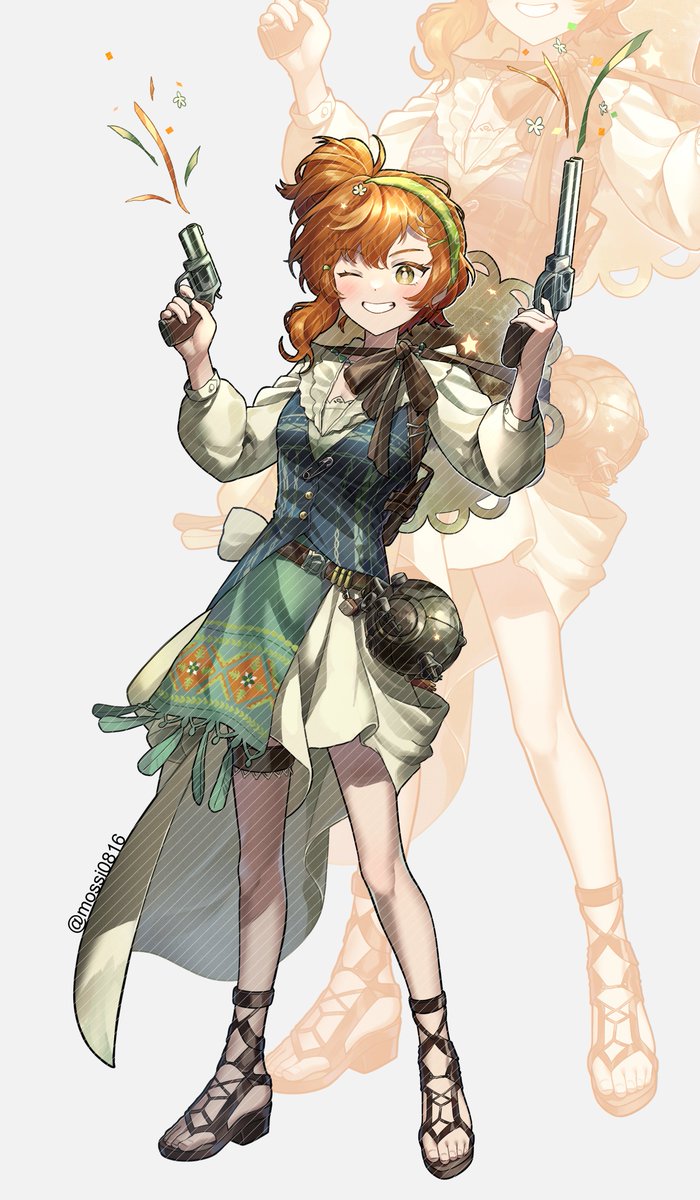 1girl blue_vest brown_sandals crucible dual_wielding full_body green_hairband grey_background grin gun hairband handgun hands_up hat hat_on_back highres holding holding_gun holding_weapon holster legs_apart looking_at_viewer lopera_(reverse:1999) miniskirt mossi_(mossi0816) one_eye_closed orange_eyes orange_hair reverse:1999 revolver sandals shirt shoulder_holster side_ponytail skirt smile solo standing straw_hat streamers teeth twitter_username vest weapon white_shirt white_skirt zoom_layer
