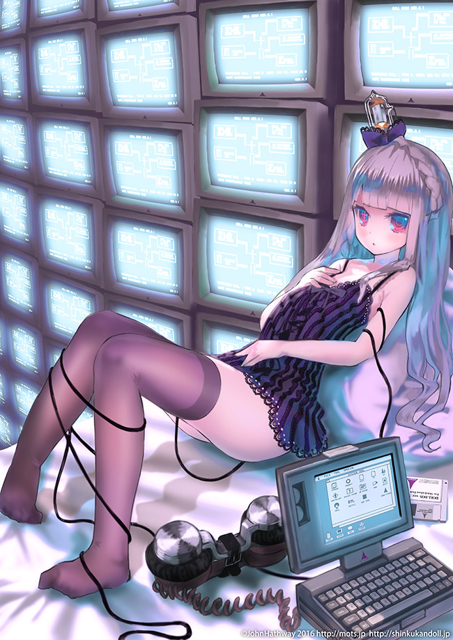 1girl artist_name black_thighhighs bow computer female_focus floppy_disk hair_bow john_hathway lingerie long_hair looking_at_viewer original pigeon-toed purple_eyes purple_hair sitting solo television thighhighs underwear vacuum_tube watermark web_address