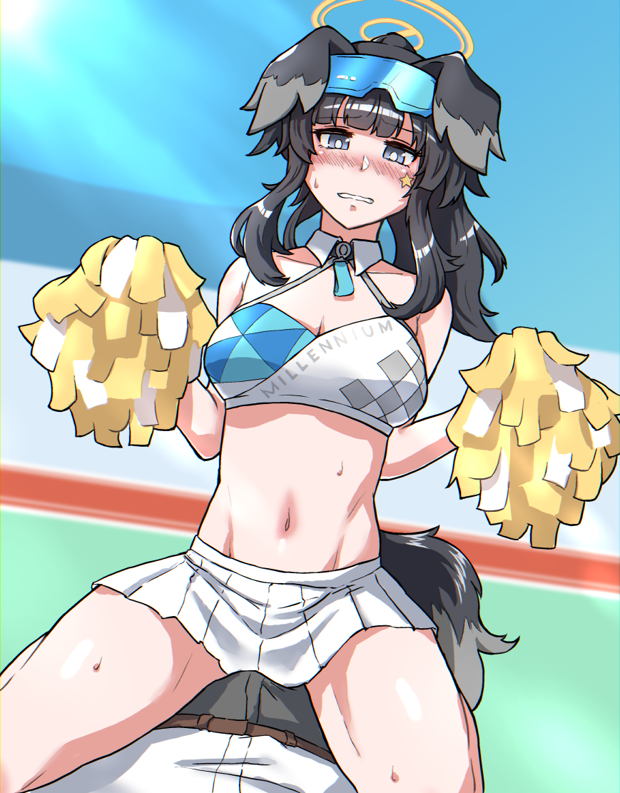 1boy 1girl blue_archive cheerleader hibiki_(blue_archive) navel niceratus_kiotensis pom_pom_(cheerleading) sensei_(blue_archive) sitting sitting_on_person