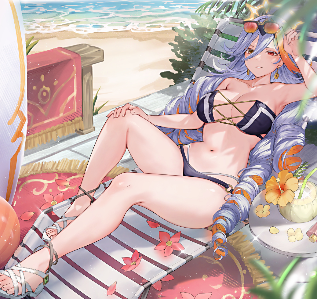 1girl alternate_costume baldr_(fire_emblem_heroes) bare_legs beach_chair bikini black_bikini breasts cleavage coconut_cup commission earrings eyewear_on_head fire_emblem fire_emblem_heroes grey_hair haru_(nakajou-28) heterochromia jewelry large_breasts multicolored_hair nintendo sandals solo sunglasses swimsuit textless_version two-tone_hair
