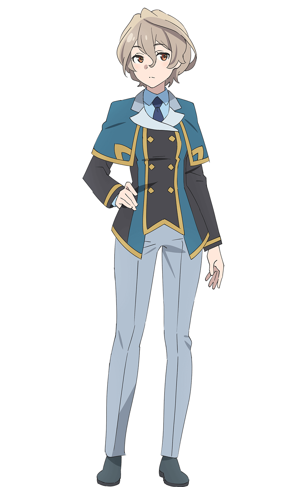 1girl black_necktie black_shoes blue_capelet blue_jacket blue_shirt buttons capelet closed_mouth collared_shirt double-breasted frown full_body genjitsu_no_yohane grey_hair grey_pants hand_on_own_hip highres jacket kohaku_(genjitsu_no_yohane) long_sleeves love_live! love_live!_sunshine!! necktie official_art orange_eyes pants shirt shoes short_hair simple_background solo split_mouth standing tachi-e transparent_background