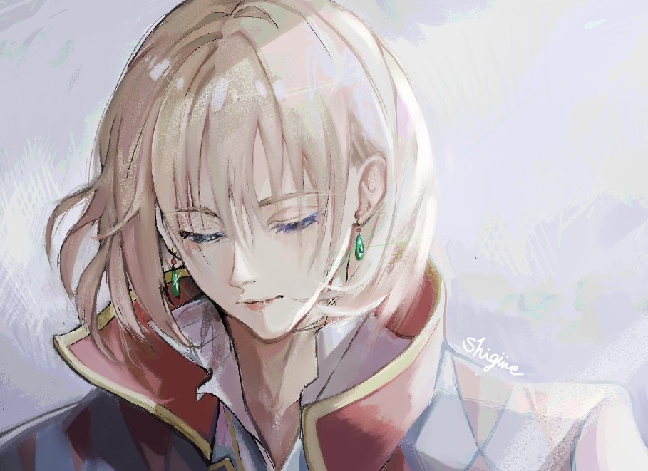 1boy closed_mouth collared_jacket commentary earrings hair_between_eyes howl_pendragon howl_no_ugoku_shiro jacket jewelry looking_down making-of_available male_focus sayo_akito shirt short_hair sidelocks signature solo upper_body white_shirt
