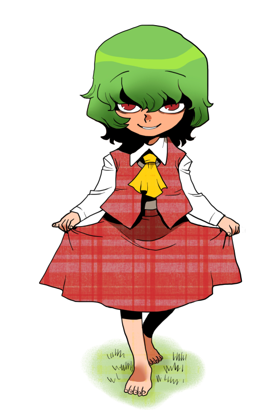 1girl ascot barefoot commentary_request curtsey grass green_hair kazami_yuuka onikobe_rin plaid_clothes plaid_skirt plaid_vest red_eyes red_skirt revision short_hair skirt skirt_hold smile solo touhou unmoving_pattern vest