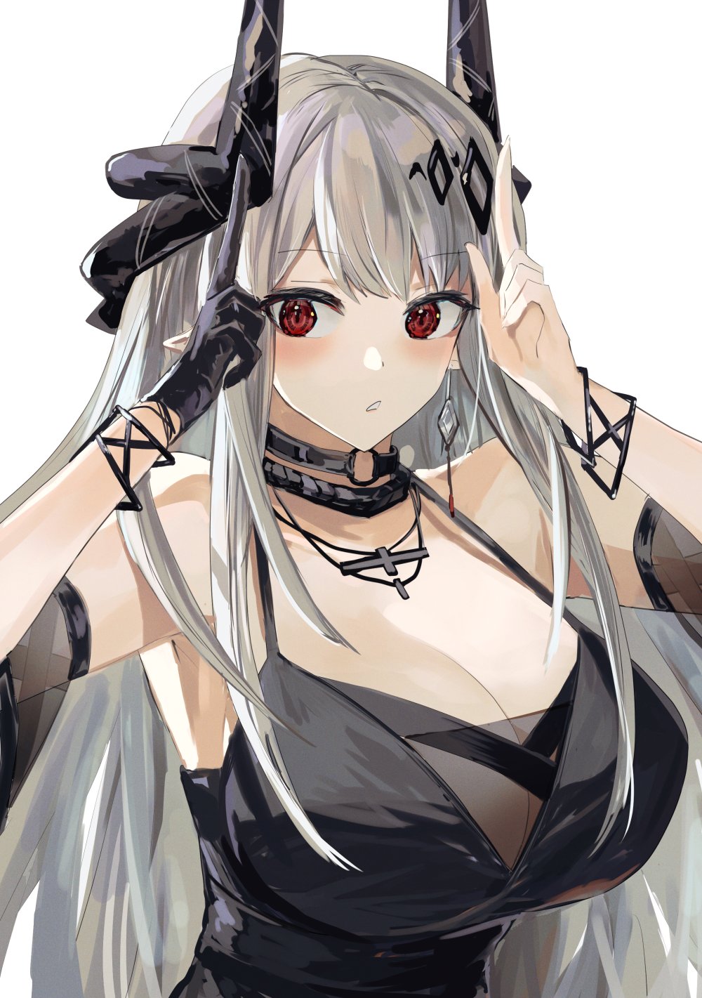 1girl arknights bare_shoulders black_choker black_dress blush breasts choker cleavage commentary_request detached_sleeves dress earrings grey_hair highres horns iwashi_80 jewelry large_breasts long_hair looking_at_viewer mudrock_(arknights) mudrock_(obsidian)_(arknights) necklace official_alternate_costume parted_lips pointy_ears red_eyes sleeveless sleeveless_dress solo upper_body very_long_hair white_background
