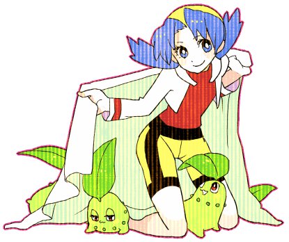 1990s_(style) 1girl :3 bad_id bad_pixiv_id bike_shorts blue_hair chikorita gen_2_pokemon gum_(gmng) gumidemo_kandero kris_(pokemon) lowres nintendo pokemon pokemon_(creature) pokemon_gsc red_hair retro_artstyle twintails