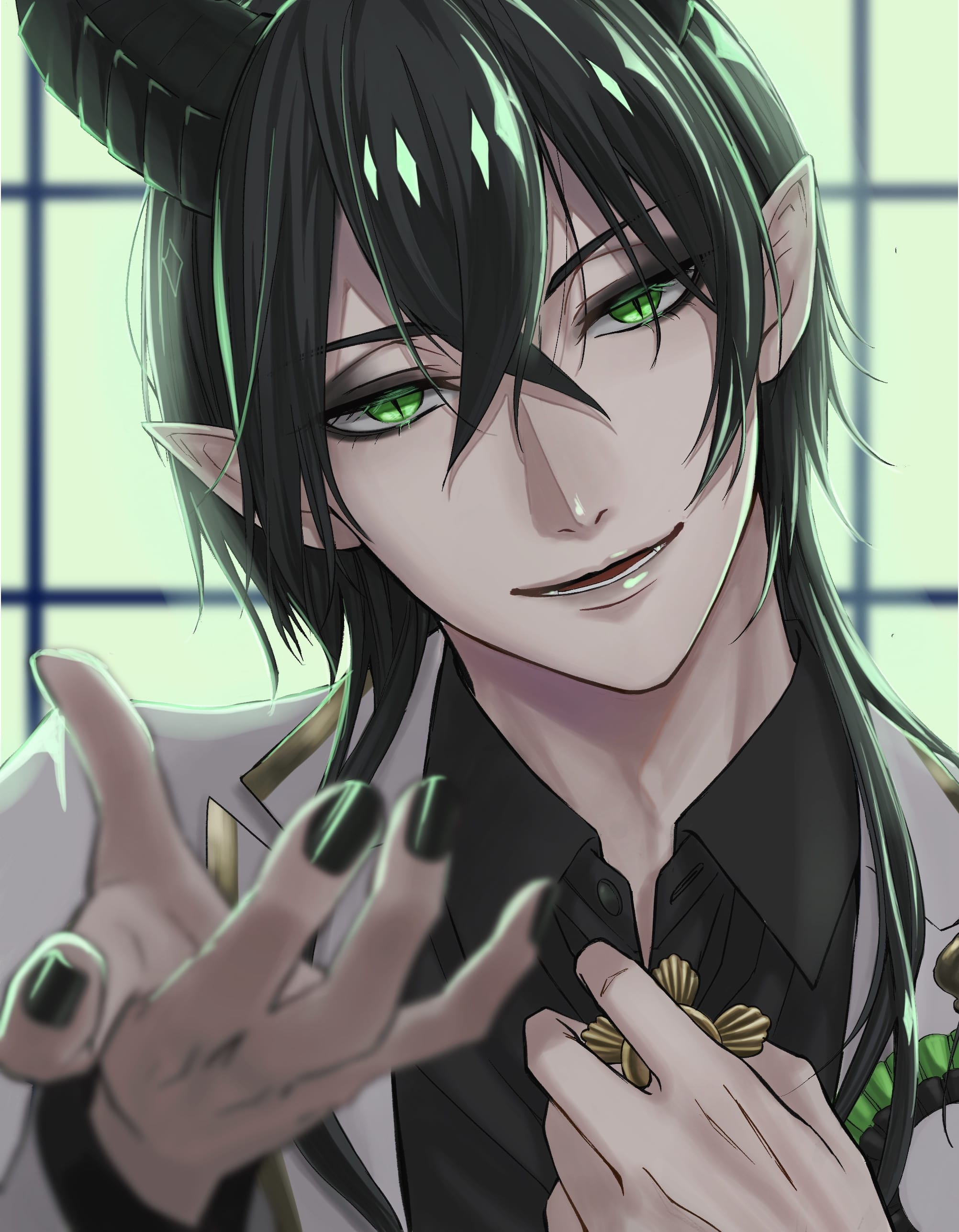 1boy absurdres black_hair black_nails black_shirt commentary_request dragon_boy dragon_horns green_background green_eyes head_tilt highres horns jacket long_hair looking_at_viewer male_focus malleus_draconia pointy_ears shirt slit_pupils solo twisted_wonderland ukichan12011 upper_body