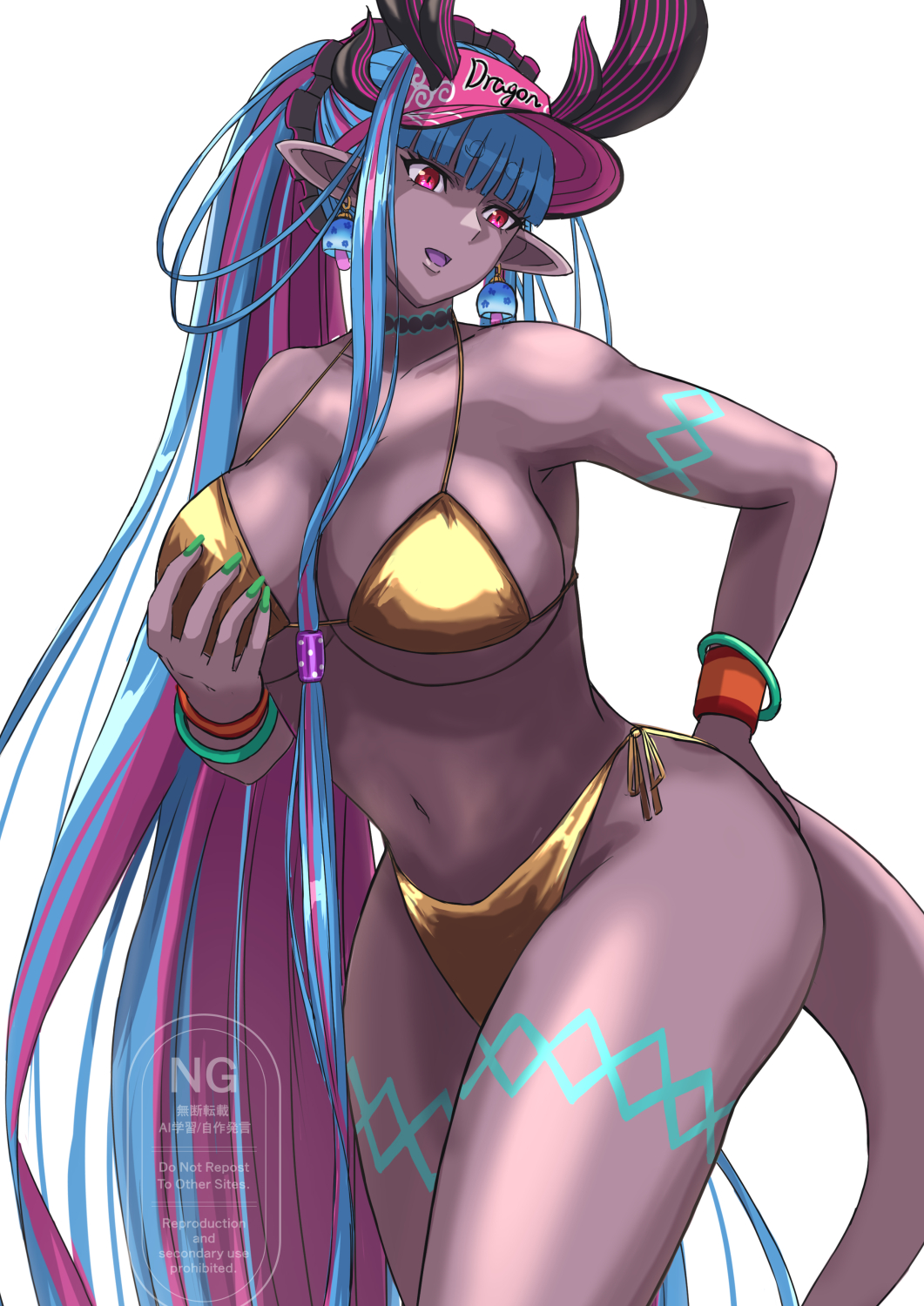 1girl bare_shoulders bikini blue_hair blush body_markings bracelet breast_cutout breasts choker cleavage colored_skin dark-skinned_female dark_skin fate/grand_order fate_(series) gold_bikini grey_skin hat highres horns ibuki_douji_(fate) ibuki_douji_(swimsuit_berserker)_(fate) ibuki_douji_(swimsuit_berserker)_(first_ascension)_(fate) jewelry ksfactory large_breasts long_hair multicolored_hair multiple_horns navel oni open_mouth pink_hair pink_hat pointy_ears ponytail red_eyes sidelocks solo swimsuit tail variant_set visor_cap wristband