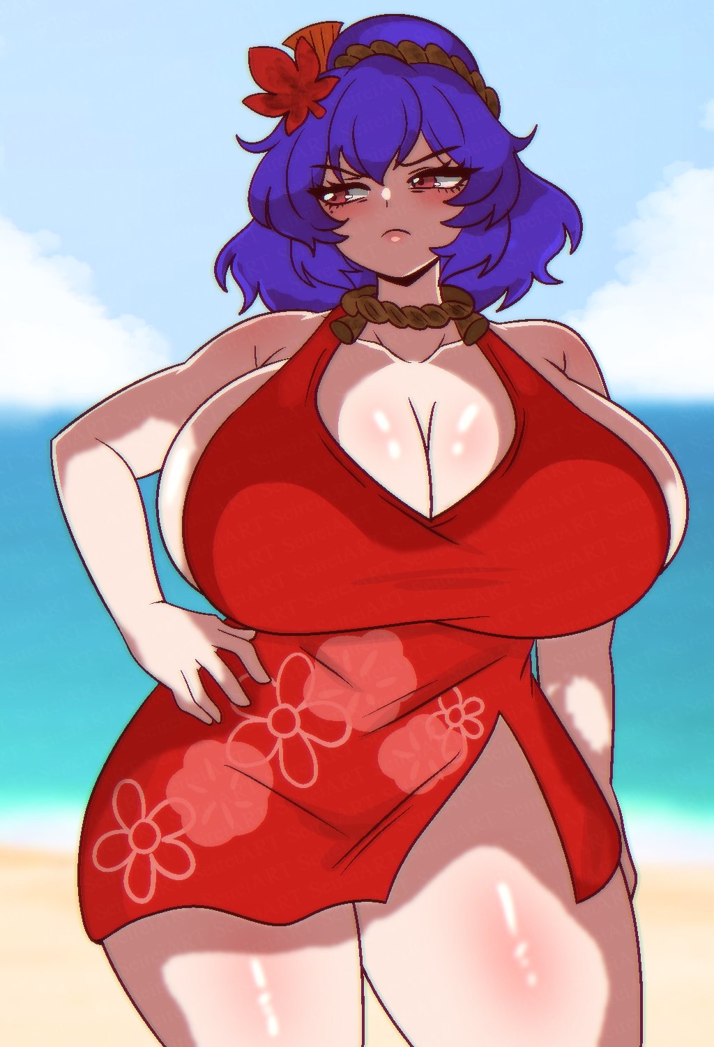 1girl autumn_leaves beach blue_hair blue_sky blurry blurry_background breasts bursting_breasts cleavage cloud cloudy_sky curvy dress female_focus floral_print floral_print_dress hair_ornament highres leaf mature_female ocean print_dress red_dress revealing_clothes rope sand seireiart sky solo solo_focus thick_thighs thighs touhou wide_hips yasaka_kanako