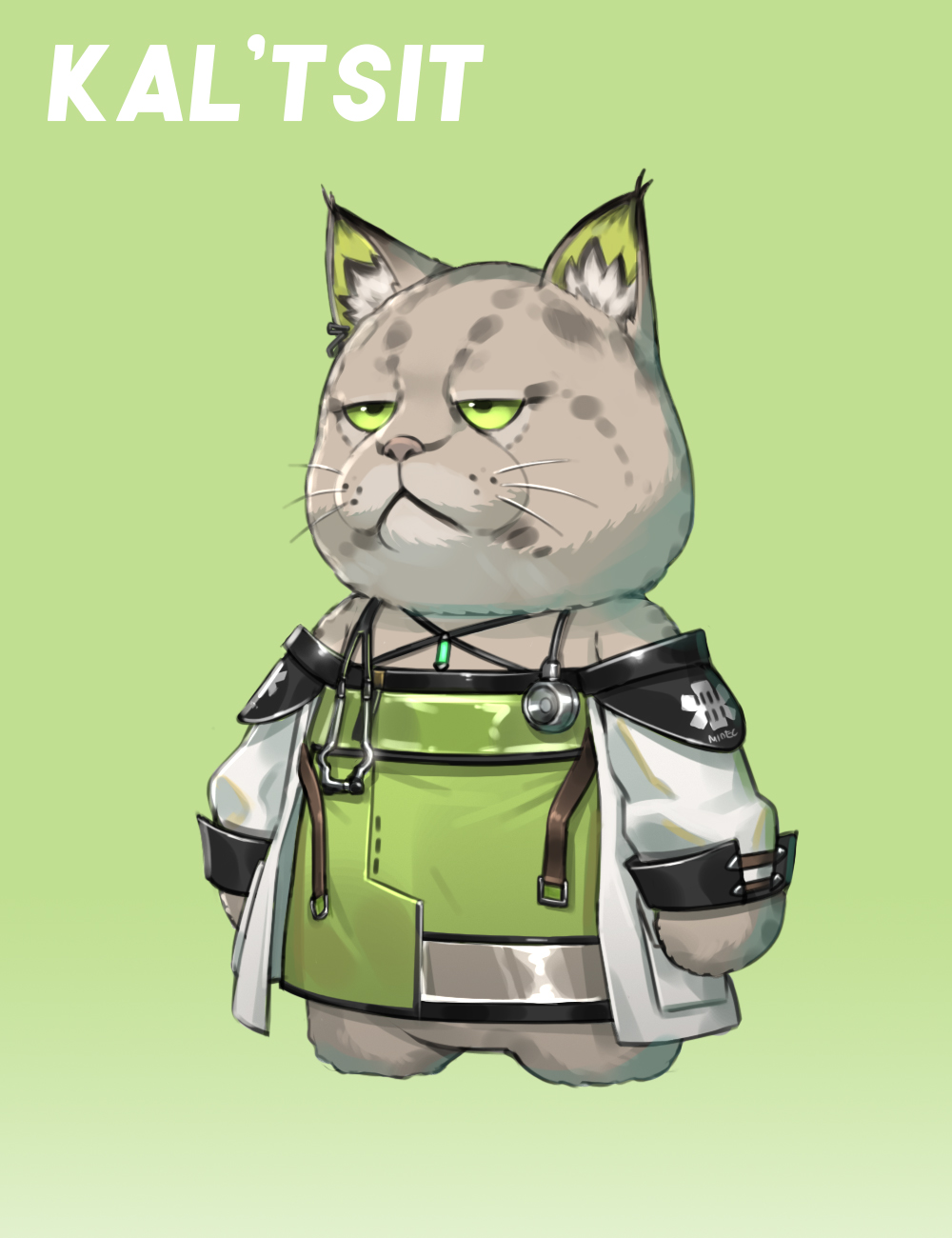 1girl animalization arknights character_name chinese_commentary closed_mouth commentary_request dress furry green_background green_dress green_eyes grey_fur highres kal&#039;tsit_(arknights) long_sleeves lunn lynx off-shoulder_dress off_shoulder party_animals simple_background solo