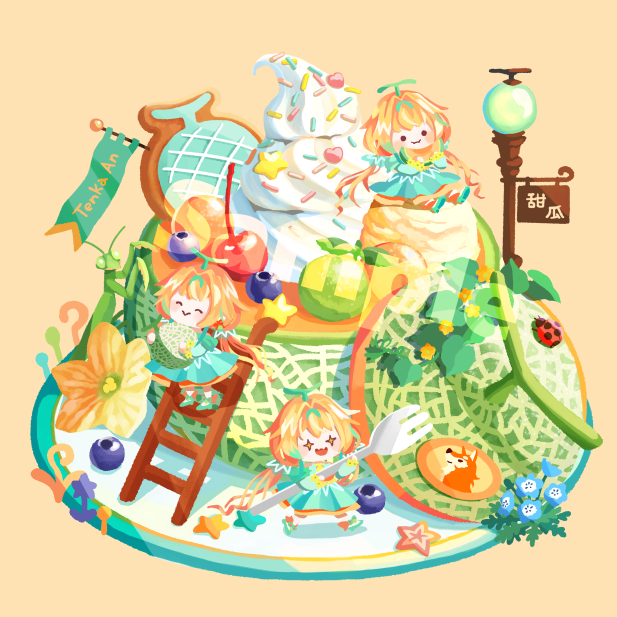 1girl :&gt; :q aqua_dress banana berry blonde_hair blueberry bug cake character_name cherry chibi closed_eyes dress flower food fork fruit grapes green_dress hair_ornament holding holding_fork holding_spoon indie_virtual_youtuber issiki_toaki ladder long_hair low_twintails melon mini_person minigirl multicolored_hair official_art open_mouth orange_(fruit) orange_background orange_hair orange_slice pineapple plate raspberry simple_background smile spoon sprinkles star_(symbol) star_hair_ornament strawberry streaked_hair tenka_an tongue tongue_out twintails virtual_youtuber whipped_cream
