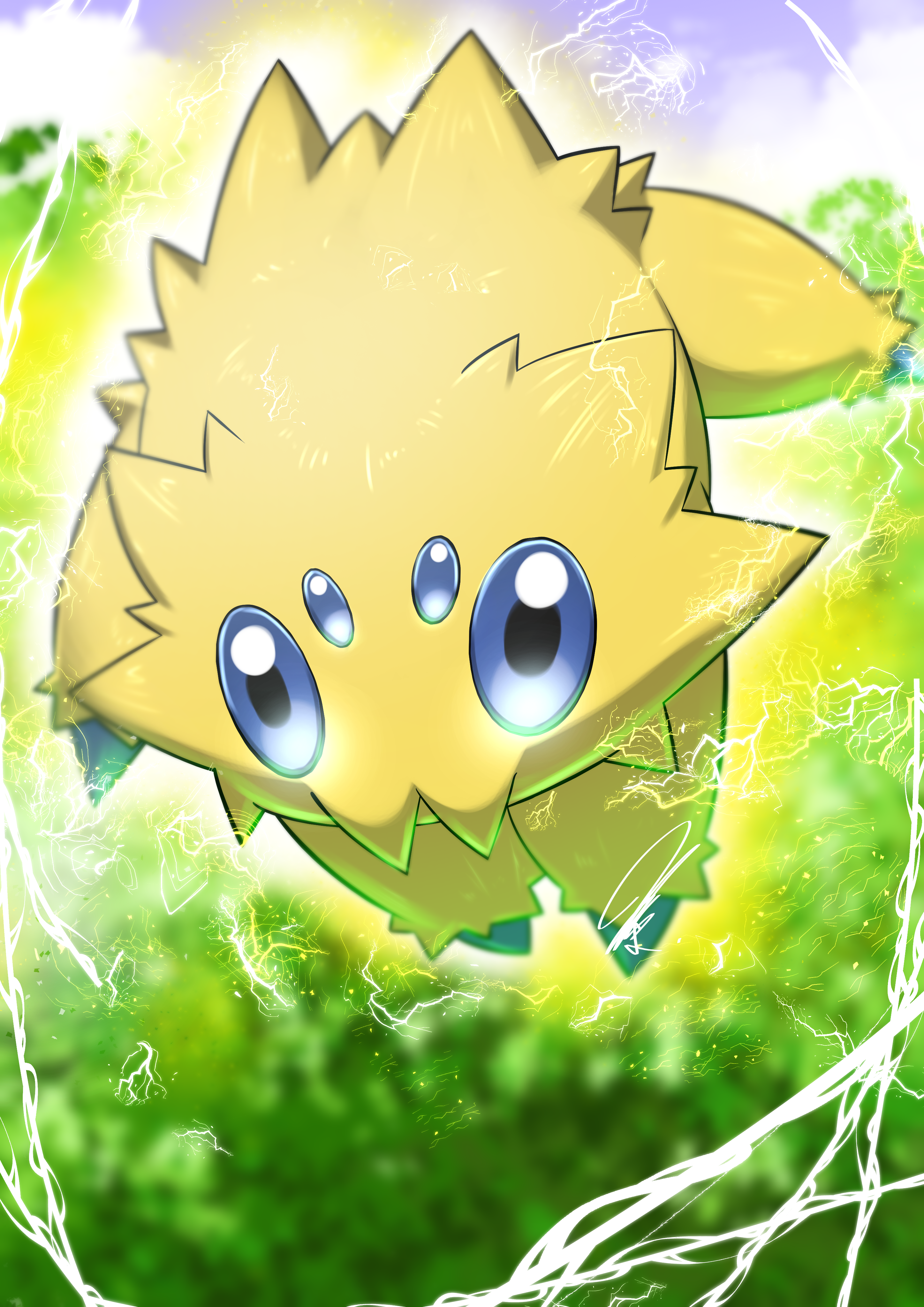absurdres aura black_eyes blue_sclera blue_sky blurry blurry_background cloud colored_sclera electricity extra_eyes floating four_eyes full_body game_freak gen_5_pokemon gold_aura grass highres joltik light_particles looking_at_viewer mitsukuma448 nature nintendo no_humans outdoors pokemon pokemon_(creature) sky solo tree yellow_fur