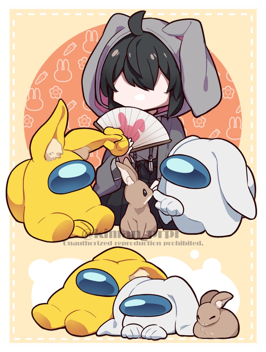 3others ahoge ambiguous_gender among_us androgynous animal_ear_fluff animal_ears animal_print black_hakama carrot chinese_zodiac commentary crewmate_(among_us) disembodied_hand faceless fake_animal_ears finger_to_own_nose flower grey_hoodie grey_kimono hakama hakama_skirt hand_fan hand_on_own_ear holding holding_fan hood hoodie japanese_clothes kiman kimono kneeling looking_at_animal looking_at_another lying multiple_others original rabbit rabbit_background rabbit_ears rabbit_print sidelocks sitting skirt spacesuit symbol-only_commentary they_(kiman) touching_ears twitter_username watermark white_(among_us) year_of_the_rabbit yellow_(among_us)