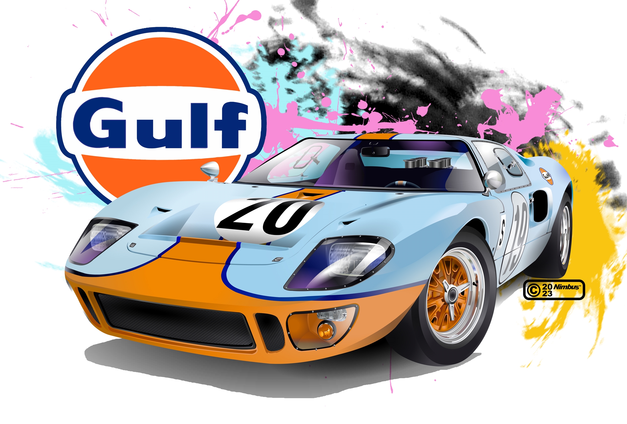 2023 artist_name car commentary_request ford_gt40 highres left-hand_drive motor_vehicle multicolored_background nimbus_goldbrum no_humans original race_vehicle racecar rear-view_mirror shadow side-view_mirror sports_car steering_wheel vehicle_focus