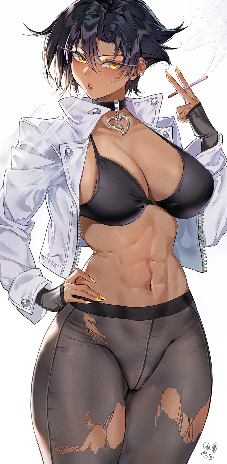 1girl abs black_bra black_choker black_hair bra breasts celyn404 choker cigarette cleavage commentary cowboy cowboy_shot cropped_jacket ear_piercing earrings english_commentary hand_on_own_hip heart heart_choker highres holding holding_cigarette jacket jewelry large_breasts long_eyelashes looking_at_viewer nail_polish navel open_clothes open_jacket original pantyhose piercing short_hair smoke smoking torn_clothes torn_pantyhose underwear v western white_background white_jacket yellow_eyes yellow_nails