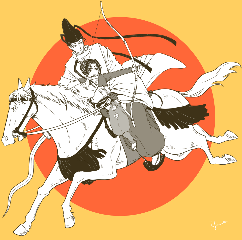 2boys aiming arrow_(projectile) black_hair border bow bow_(weapon) bridle closed_mouth eastern-specs full_body hakama hakama_pants hand_on_another&#039;s_hip hat holding holding_reins holding_sword holding_weapon horse horseback_archery horseback_riding houjou_tokiyuki_(nige_jouzu_no_wakagimi) japanese_clothes kannushi kariginu long_hair long_sleeves low-tied_long_hair male_focus multiple_boys nige_jouzu_no_wakagimi open_mouth orange_background pants parted_bangs ponytail reins riding riding_animal round_border saddle sandals sidelocks_tied_back simple_background smile stirrups_(riding) sword tabi tate_eboshi very_long_hair watermark weapon zouri