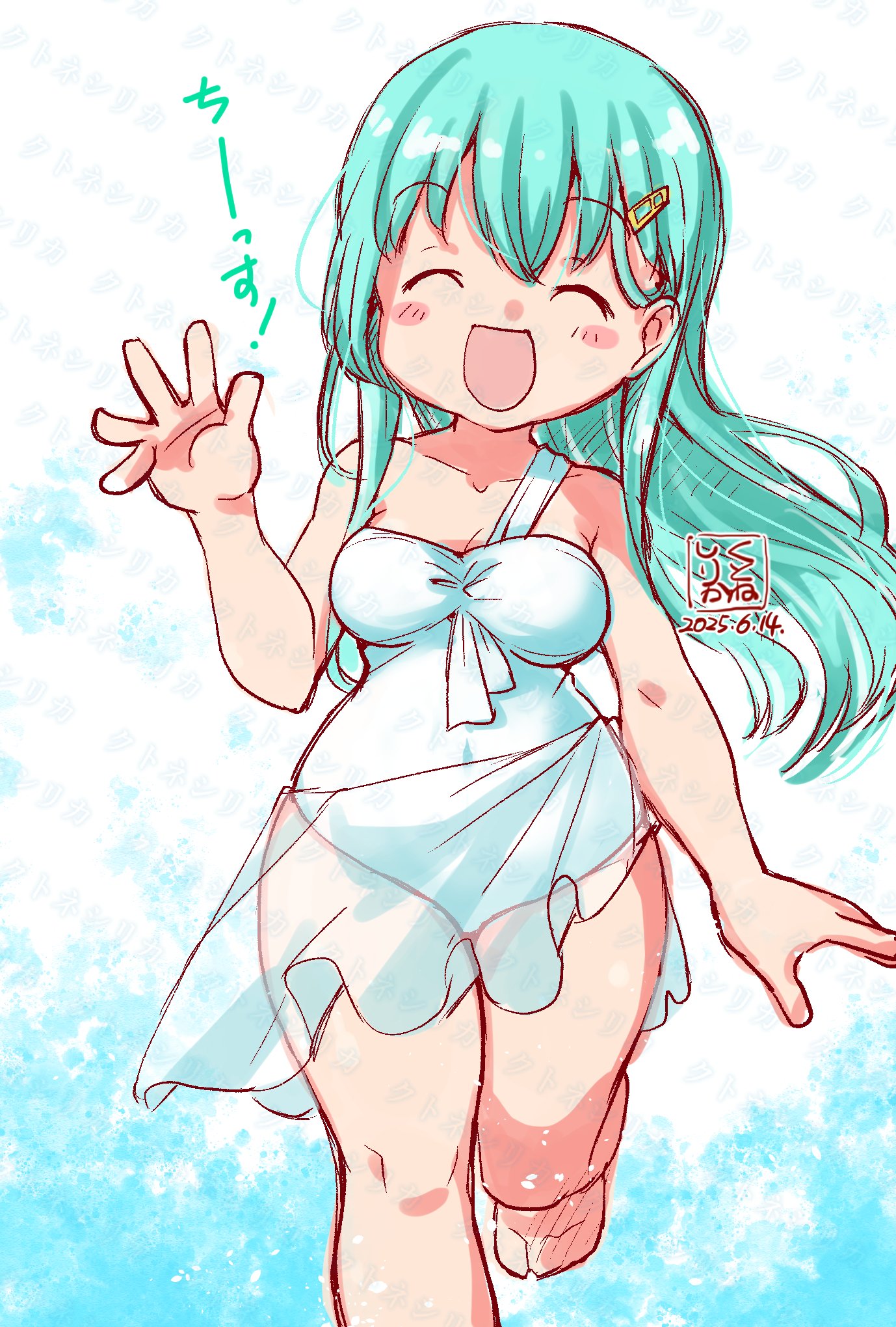 1girl artist_logo breasts casual_one-piece_swimsuit commentary_request dated facing_viewer feet_out_of_frame green_hair hair_ornament hairclip highres kantai_collection kutone_shirika logo long_hair medium_breasts one-piece_swimsuit sarong see-through_clothes see-through_sarong single_strap solo suzuya_(kancolle) swimsuit waving white_one-piece_swimsuit