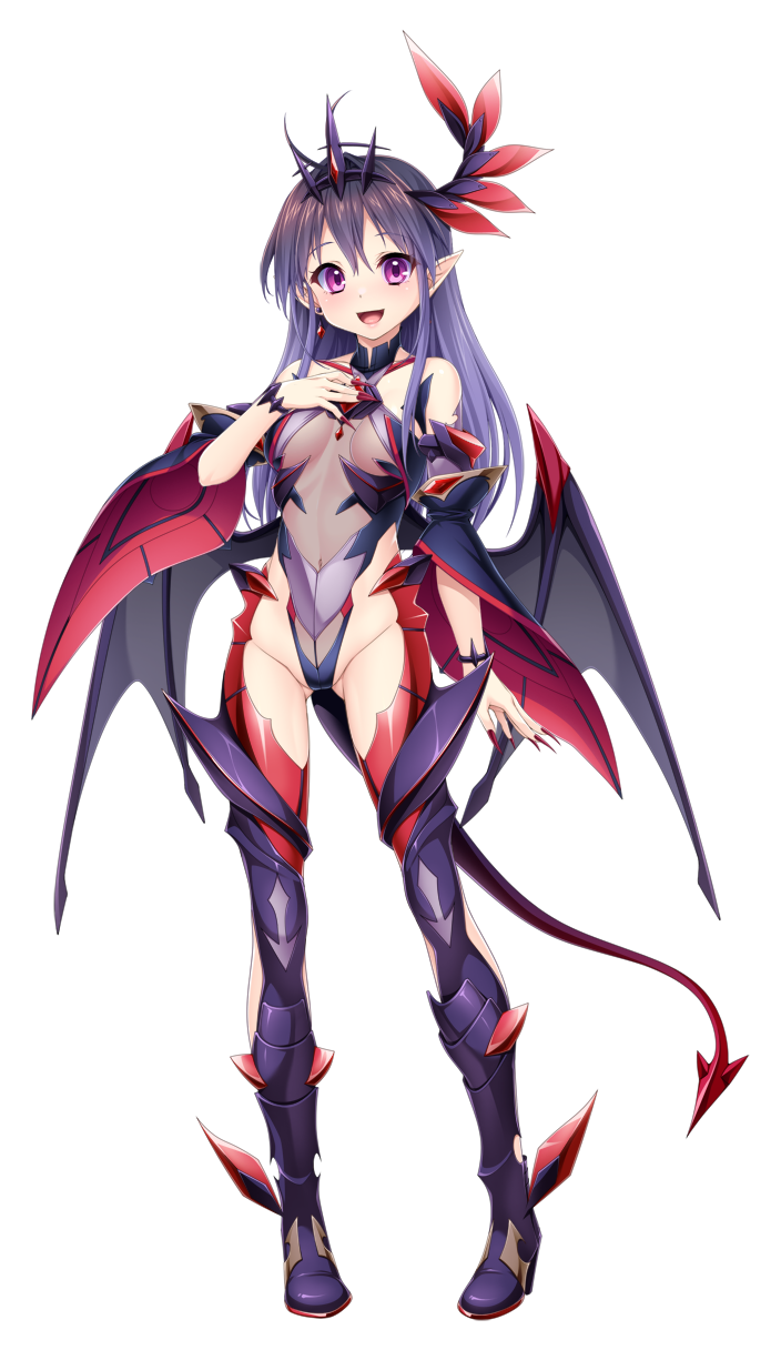 1girl :d aikawa_haruno arm_at_side bare_shoulders blush boots breasts corruption covered_navel dark_exs-tia_inferno dark_persona demon_girl demon_horns demon_tail demon_wings detached_sleeves earrings fang feathers full_body game_cg gluteal_fold hair_ornament hand_on_own_chest high_heel_boots high_heels highleg highleg_leotard highres horns jewelry kamitsurugi_ouka kouyoku_senki_exs-tia_concert large_variant_set leotard long_hair looking_at_viewer low_wings nail_polish non-web_source official_art open_mouth pointy_ears purple_eyes purple_hair see-through_clothes single_horn small_breasts smile solo standing tail thigh_boots thighhighs transparent_background variant_set wings
