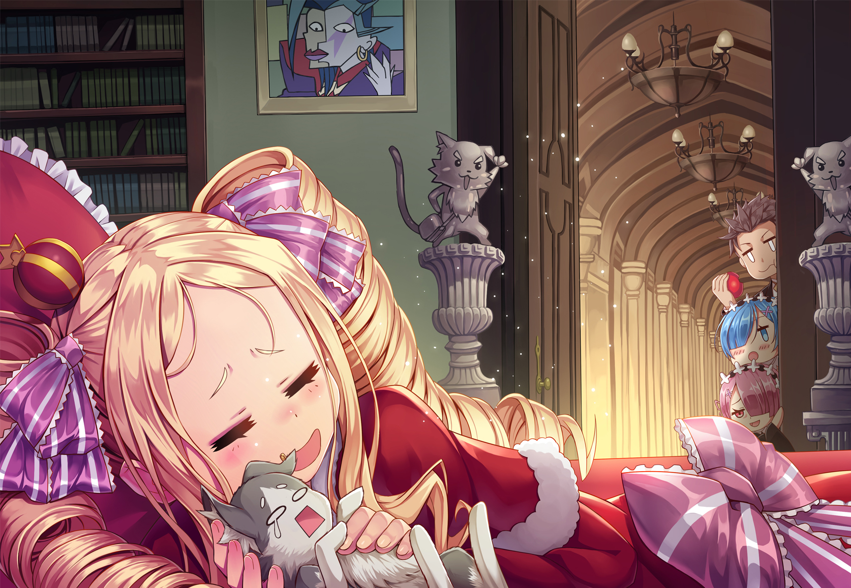 ре зеро хентай ling si, beatrice (re:zero), natsuki subaru, pack (re:zero), puck  (re:zero), ram (re:zero), rem (re:zero), roswaal l. mathers, re:zero kara  hajimeru isekai seikatsu, highres, 10s, 1boy, 3girls, animal, black hair,  blonde hair, blue
