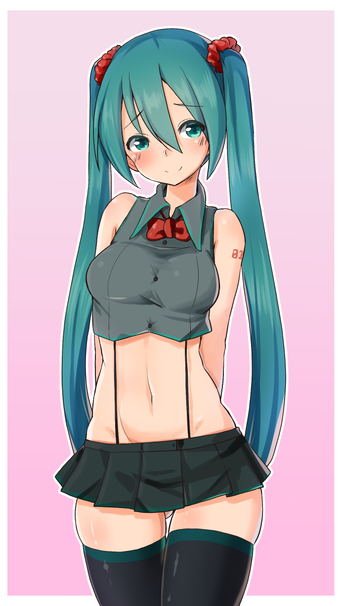 1girl ajidot aqua_eyes aqua_hair arms_behind_back blush bow bowtie cowboy_shot female_focus gluteal_fold hatsune_miku head_tilt highres long_hair microskirt midriff navel pink_background scrunchie skindentation skirt smile solo suspenders thighhighs twintails very_long_hair vocaloid