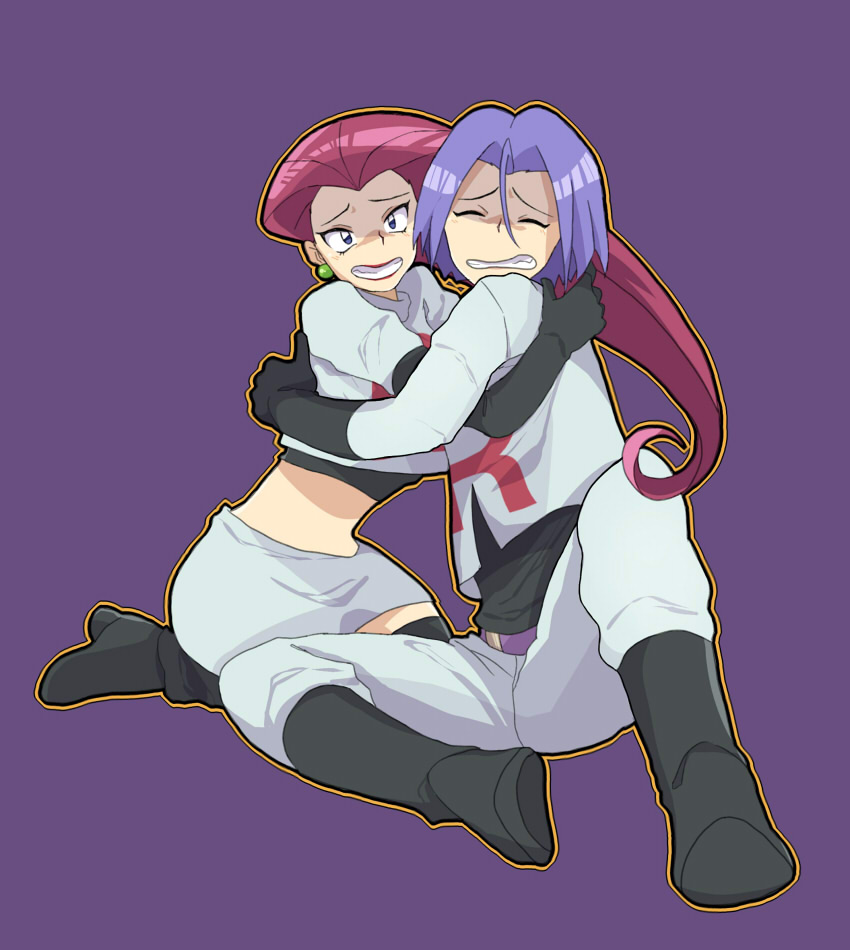 1boy 1girl blue_hair boots closed_eyes creatures_(company) crop_top cugini game_freak gloves hug james_(pokemon) jessie_(pokemon) nintendo on_ground pokemon pokemon_(anime) pokemon_(classic_anime) pokemon_journeys purple_background red_hair scared sitting team_rocket team_rocket_uniform