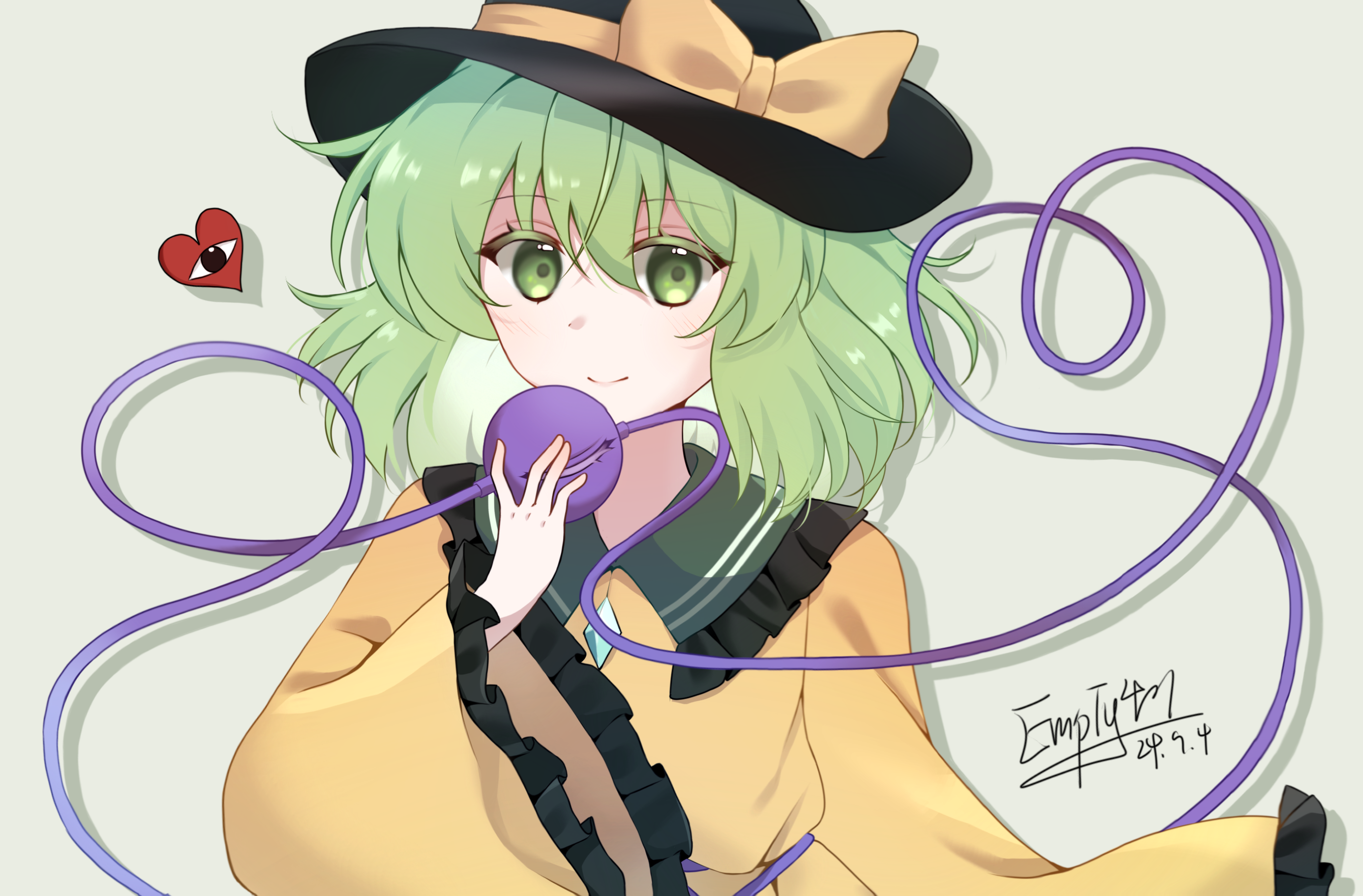 1girl black_hat bow buttons chinese_commentary closed_mouth commentary_request dated diamond_button empty401 frilled_shirt_collar frilled_sleeves frills green_eyes green_hair hat hat_bow heart heart_of_string highres komeiji_koishi long_sleeves looking_at_viewer shirt short_hair signature simple_background smile solo third_eye touhou wide_sleeves yellow_bow yellow_shirt