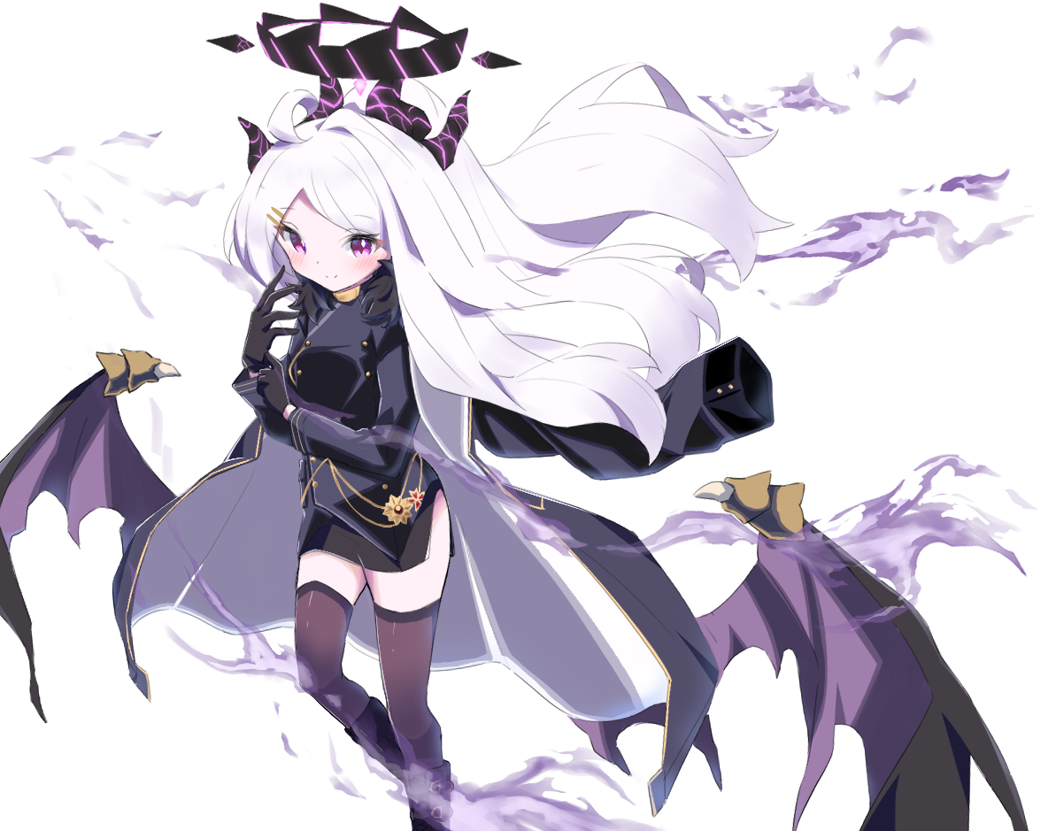 1girl ahoge aura black_coat black_gloves black_halo black_skirt blue_archive breasts coat coat_on_shoulders dark_aura demon_girl demon_horns demon_wings gloves halo hina_(blue_archive) horns long_hair looking_at_viewer purple_eyes sasanoha_(sasanoha0712) skirt small_breasts solo standing thighhighs white_hair wings zettai_ryouiki