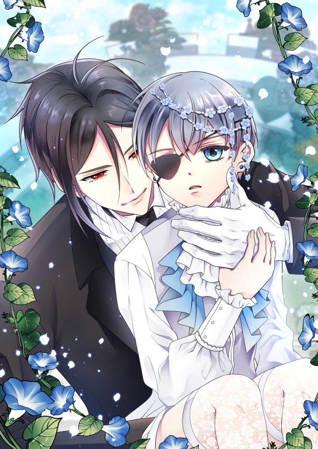 2boys black_hair blue_eyes blurry blurry_background ciel_phantomhive day earrings eyepatch flower gloves grey_hair jewelry kuroshitsuji long_sleeves morning_glory multiple_boys necktie outdoors red_eyes sebastian_michaelis shirt short_hair sitting stud_earrings tenkei thighhighs white_gloves white_shirt white_thighhighs yaoi