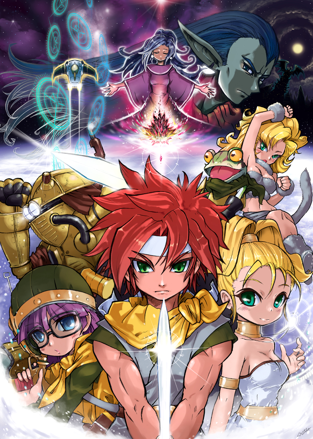 1990s_(style) 3boys 4girls arm_up armband armlet armor ayla_(chrono_trigger) bare_shoulders belt blonde_hair blue_eyes blue_hair cape choker chrono_(series) chrono_trigger closed_eyes crono_(chrono_trigger) dream_devourer dress earrings epoch everyone frog frog_(chrono_trigger) fur glasses green_eyes gun headband headset helmet high_ponytail highres jewelry katana krono_tokage kronosaurus lavos_(chrono_trigger) long_hair lucca_ashtear magus_(chrono_trigger) marle_(chrono_trigger) midriff multiple_boys multiple_girls muscular navel pale_skin pendant pointy_ears ponytail purple_hair red_hair retro_artstyle robo_(chrono_trigger) robot schala_zeal serious short_hair space spiked_hair square_enix sword weapon