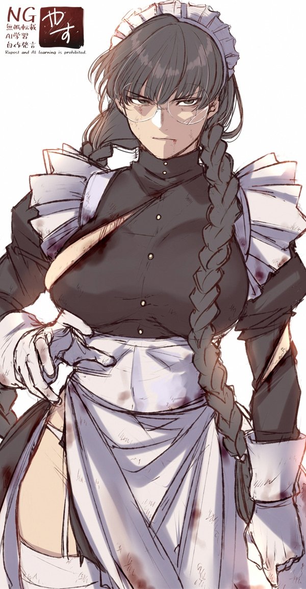 1girl apron black_eyes black_hair black_lagoon braid breasts closed_mouth commentary_request cowboy_shot garter_straps glasses gloves large_breasts long_hair looking_at_viewer maid maid_headdress panties roberta_(black_lagoon) round_eyewear simple_background solo thighhighs torn_clothes twin_braids underwear waist_apron white_apron white_background white_gloves white_headdress white_panties white_thighhighs yasunososaku