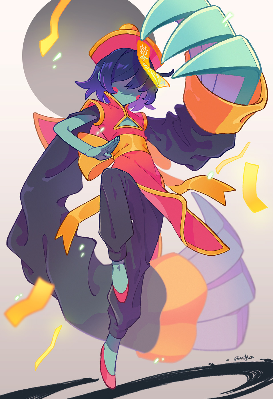1boy blue_hair blue_skin blush_stickers chinese_clothes claws closed_mouth colored_skin commentary_request cosplay crossdressing darkstalkers deltarune fighting_stance flower hair_between_eyes hat highres hsien-ko_(cosplay) jiangshi kris_(deltarune) leg_up hsien-ko ofuda pink_flower qingdai_guanmao senjochi_janai shaded_face short_hair simple_background solo standing standing_on_one_leg talisman trap twitter_username